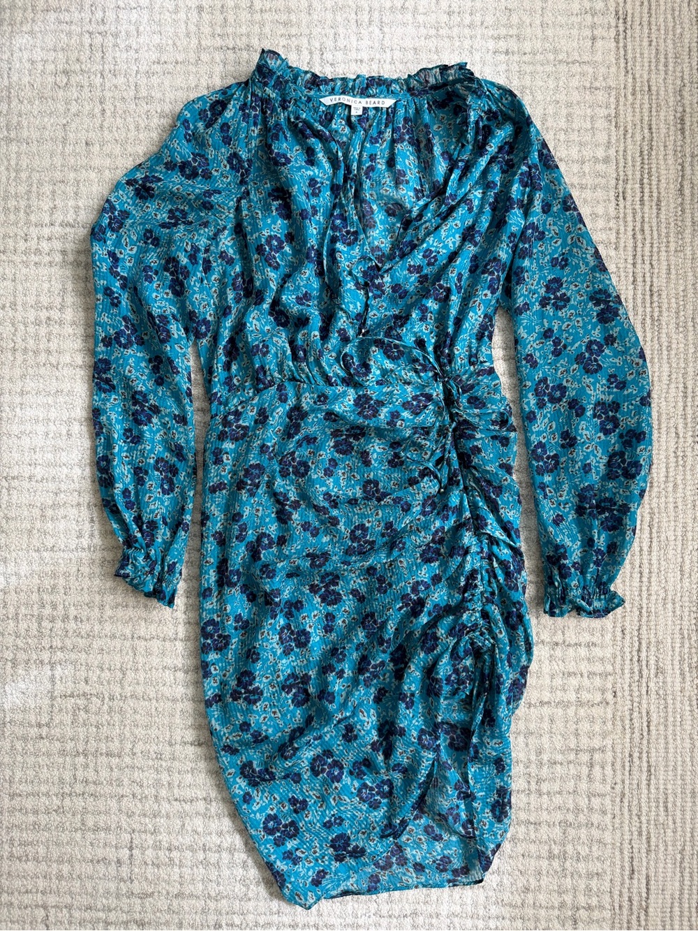 Veronica Beard Teal & Navy Floral Long-Sleeve Wrap Dress